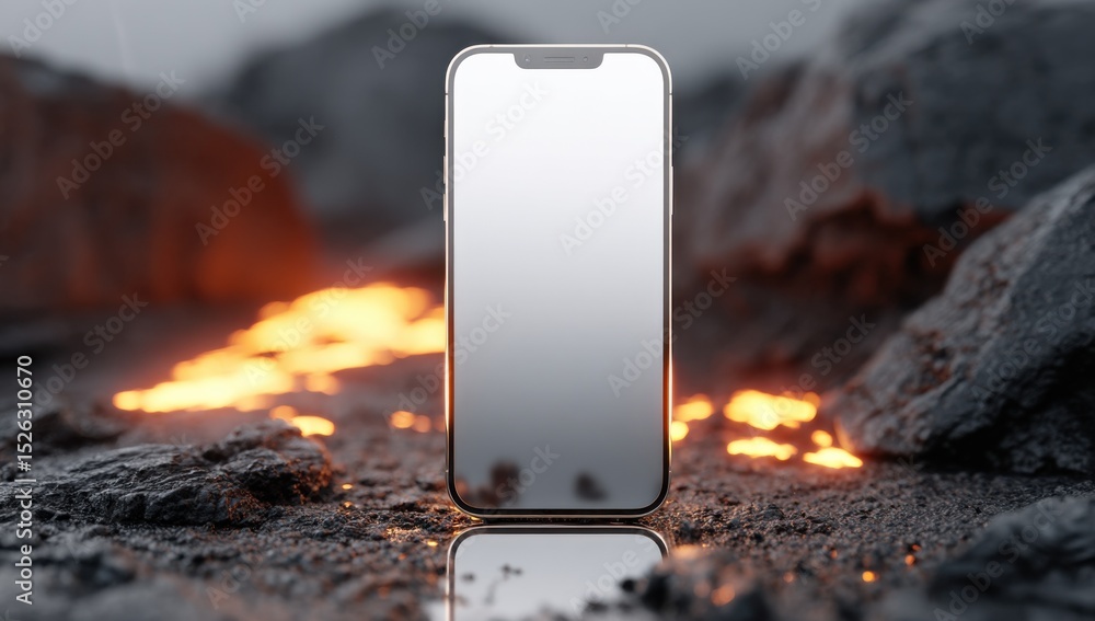 Poster smartphone mockup on volcanic rock with lava flow, representing mobile technology and digital commun