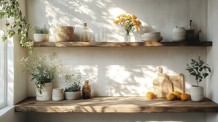 cozy kitchen nook featuring rustic wooden shelves adorned with plants, flowers, and kitchenware