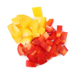 Pieces of fresh colorful bell peppers isolated on white, top view