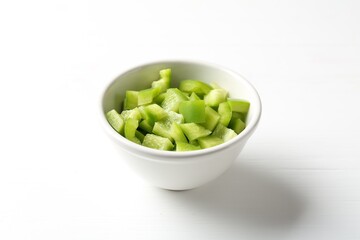 Pieces of fresh green bell pepper in bowl on white wooden table, closeup
