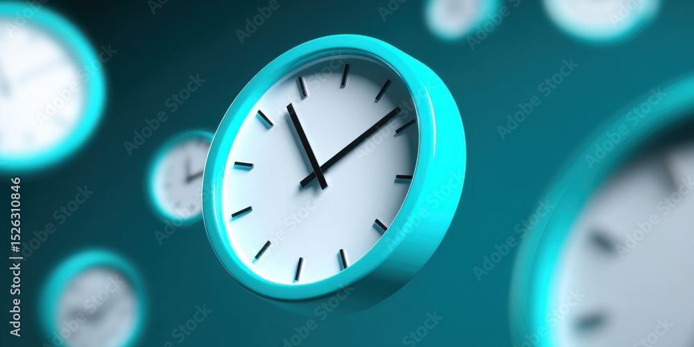 Poster Turquoise Clocks Floating in Blue Space, Symbolizing Deadlines and Time Management for Business Efficiency and Productivity : Generative AI