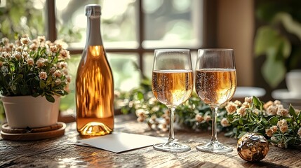 Festive wine glasses and bottle for a celebratory toast