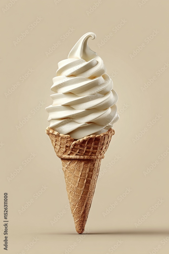 Poster vanilla soft serve ice cream cone against beige background, representing sweet indulgence and summer