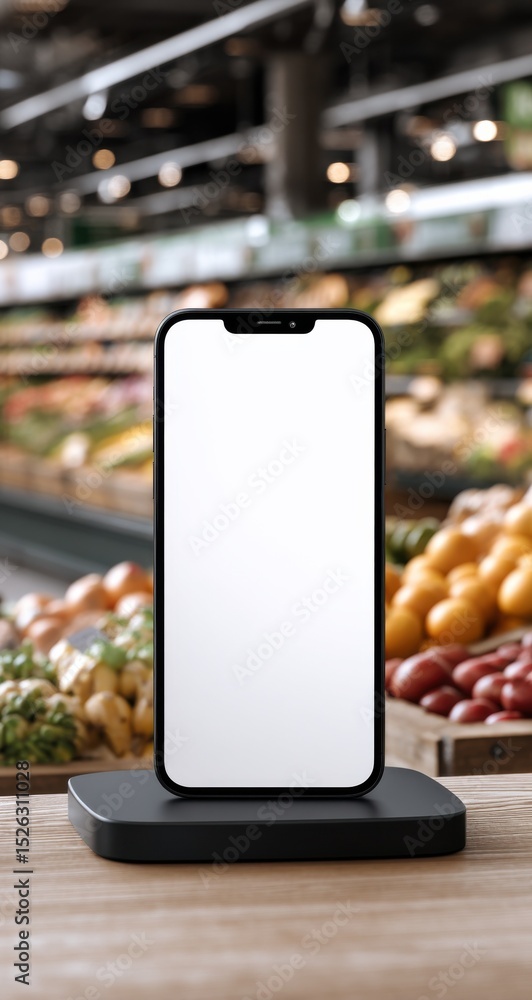 Poster smartphone with blank screen on wooden table in grocery store, displaying mobile commerce and retail