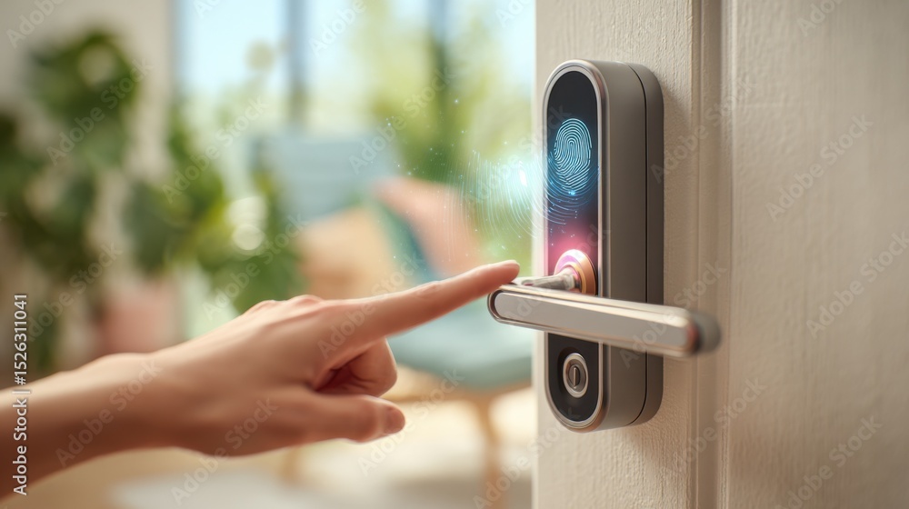 Poster finger touching smart door lock with biometric scan, representing home security and technological in