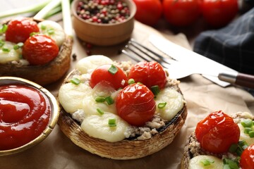 Tasty stuffed mushrooms served on table, closeup