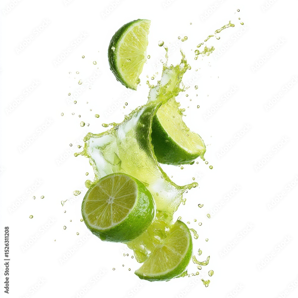 Poster fresh lime slices with juice splash on white background, representing refreshment and healthy lifest