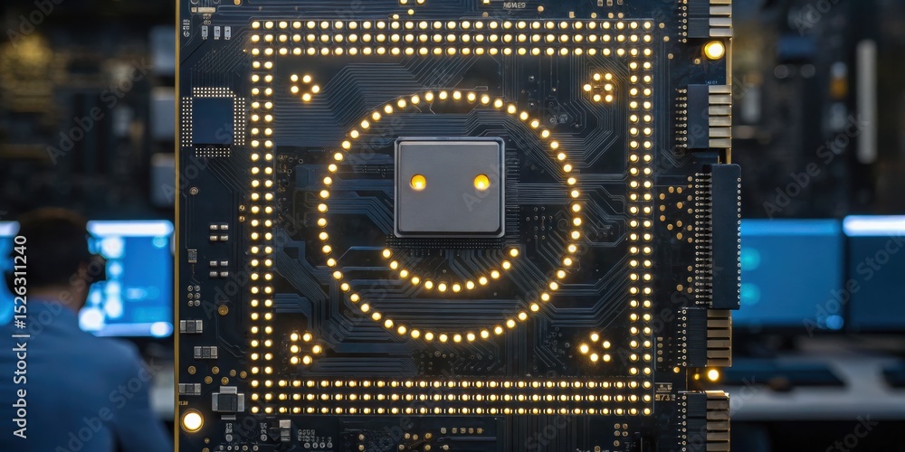 Poster startup customer care online concept. close-up of a circuit board with a focused figure working in t