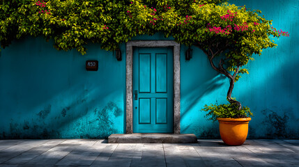 blue door with lush green vine on light blue wall