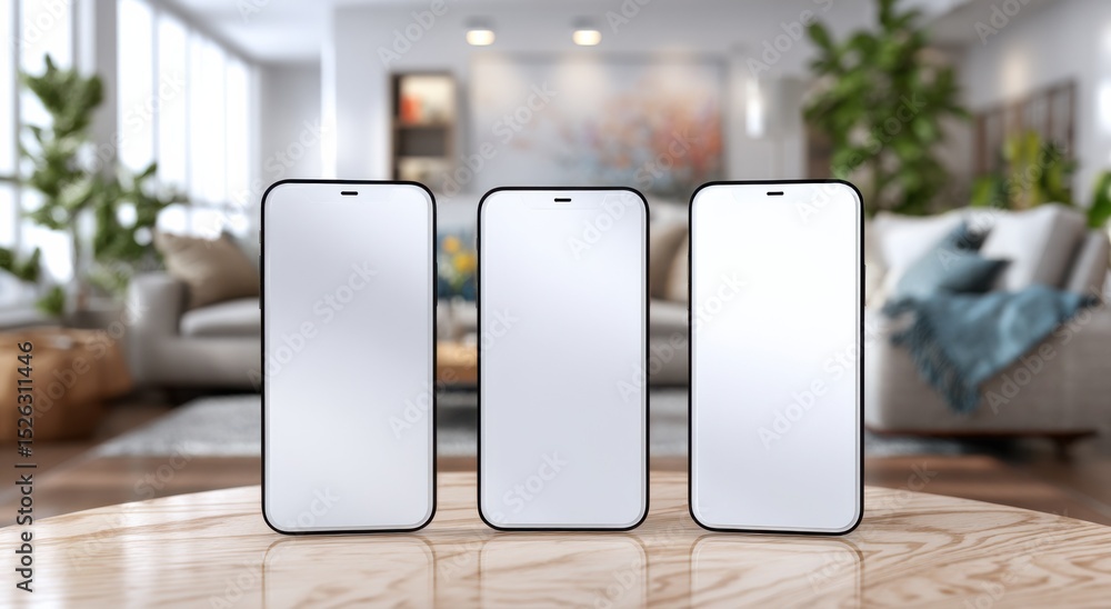 Aufkleber Three Smartphones With Blank White Screens on Wooden Table, Representing Mobile Technology and Digital Communication for App Promotion and Product Mockups : Generative AI