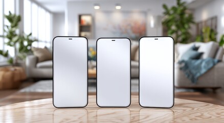 Three Smartphones With Blank White Screens on Wooden Table, Representing Mobile Technology and Digital Communication for App Promotion and Product Mockups : Generative AI
