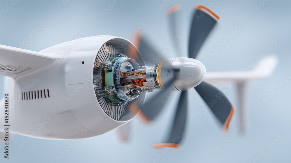 Aufkleber close-up of a modern electric airplane engine with visible components, showcasing innovation and tec