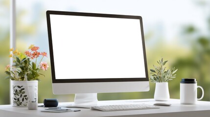 Fototapeta premium Modern Computer on Desk With Flowers and Coffee, Representing Workplace Productivity and Digital Communication : Generative AI