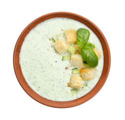 Tasty cucumber soup with croutons and basil isolated on white, top view