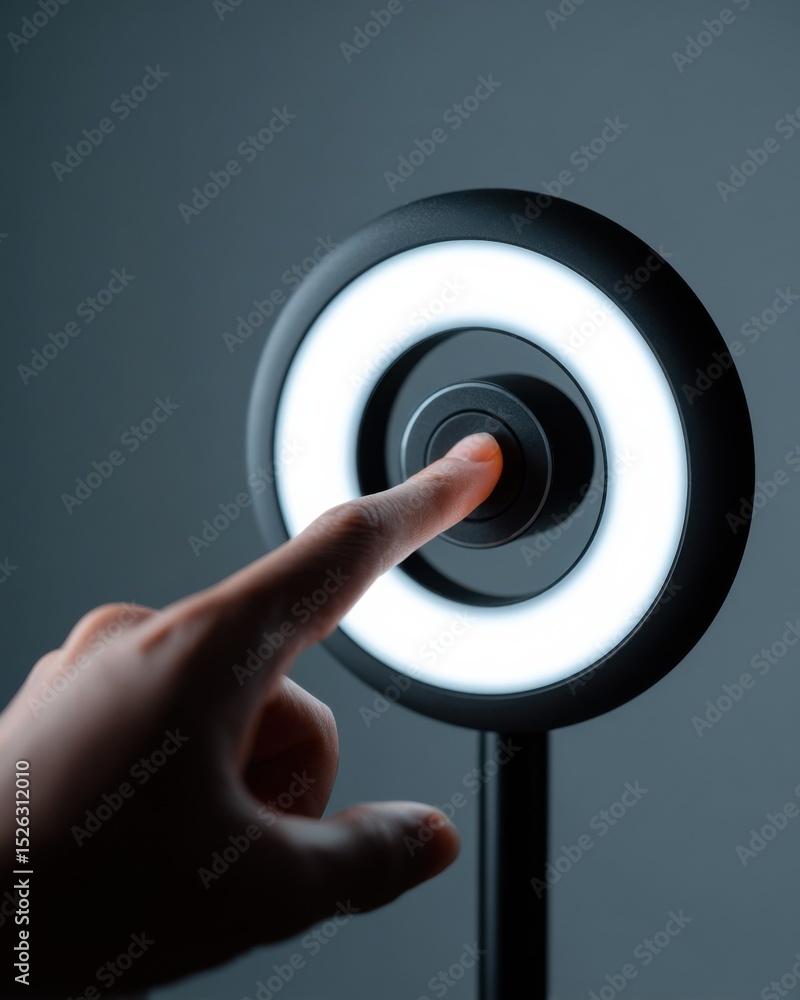 Aufkleber Finger Pressing Power Button on Ring Light for Content Creation, Representing Modern Technology and Digital Marketing Solutions for Business : Generative AI