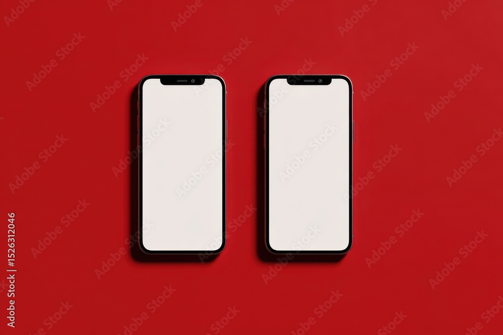 Poster two smartphones with white screens on red background, ideal for mobile app mockups and digital marke