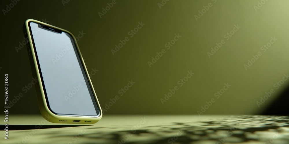 Poster smartphone leaning on surface under soft light, ideal for mobile technology and digital marketing ca
