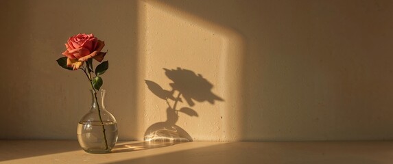 Rose in a Glass Vase with Shadow, a Gentle Still Life with Warm Sunlight.