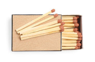 Matches and box isolated on white, top view