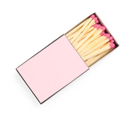 Matches in box isolated on white, top view. Mockup for design
