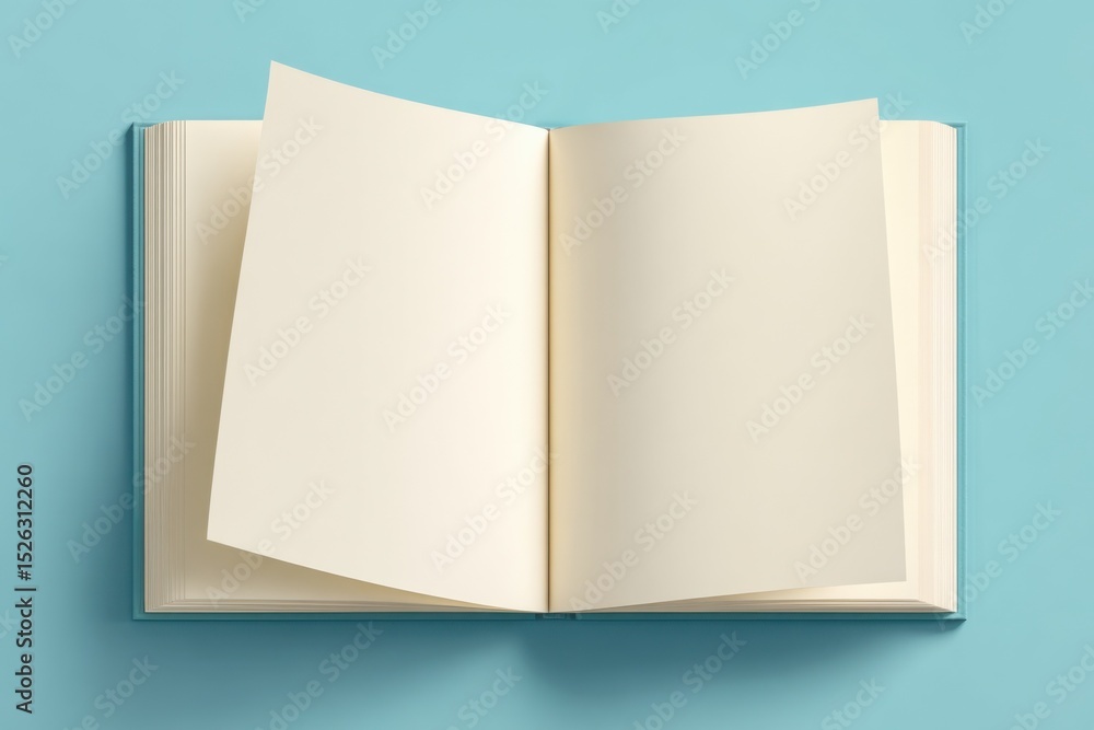 Poster open book with blank pages on light blue background, symbolizing knowledge and creative writing proj