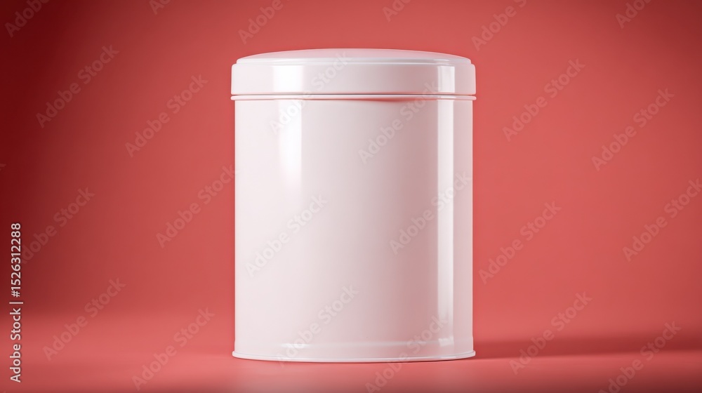 Poster white cylindrical container against red backdrop, ideal for product mockups and packaging design pre