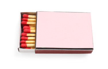 Matches in box isolated on white. Mockup for design