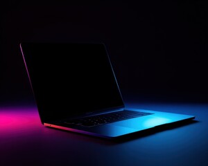 Sleek Laptop With Neon Lighting on Dark Background, Showcasing Modern Technology and Digital Innovation for Business Solutions and Creative Projects : Generative AI