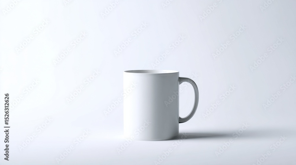 Poster white mug on a white surface, ideal for mockups and product presentation, showcasing simplicity and 