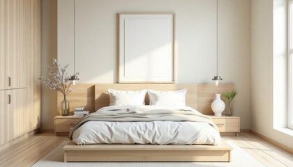 Minimalist Light Beige Bedroom Interior Design With Wooden Bed And Natural