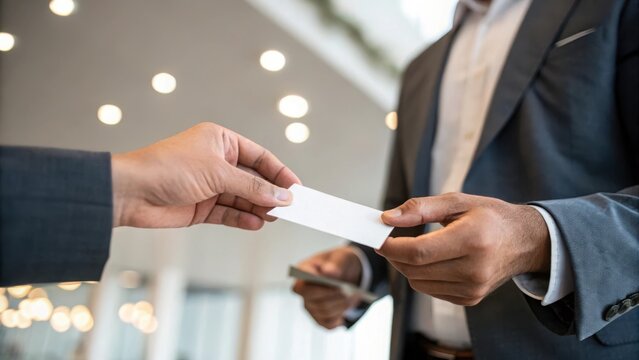 Close-up of two businessmen exchanging a business card in a modern office setting, representing networking, introduction, and professional interaction.