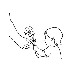 Child giving flower to adult hand line drawing illustration