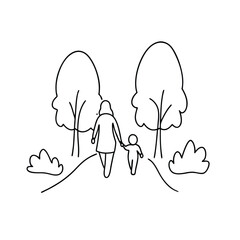 Obraz premium Mother and child walking in park line drawing illustration