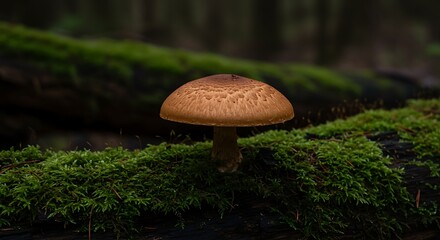 A single brown mushroom grows on mossy wood in the forest.