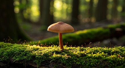 A single brown mushroom grows on mossy wood in the forest.