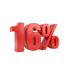 A bold red 16 isolated on transparent background, symbolizing a significant discount or percentage value