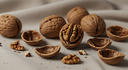 Several cracked walnuts are scattered on a soft beige fabric cloth. 