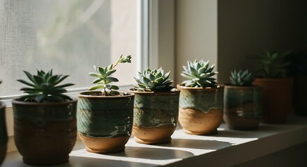 Several small succulent plants in ceramic pots sit on a windowsill.