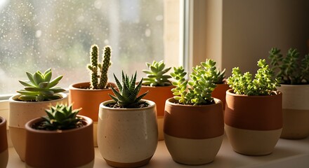 Several small succulent plants in ceramic pots sit on a windowsill.