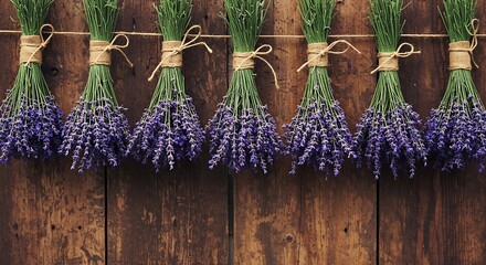 Four bundles of lavender flowers are hanging on a rustic wooden wall.
