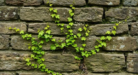 Green vines grow on the rough textured old stone walls. 