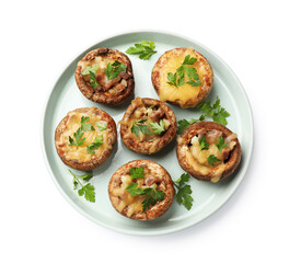 Tasty stuffed mushrooms isolated on white, top view