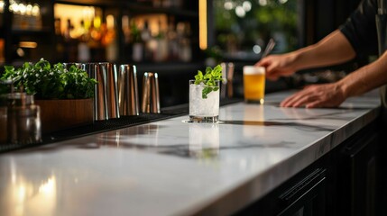 bartender placing drink on marble bar top, moody lighting, focus on drink detail