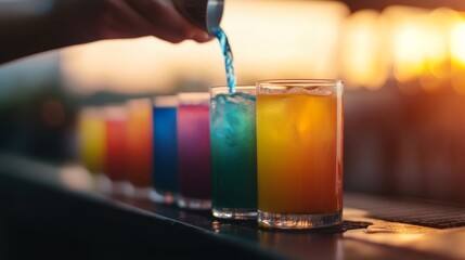 bartender pouring colorful shots in a row, vibrant glow, modern cocktail bar setup