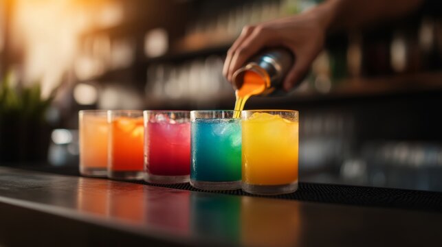 bartender pouring colorful shots in a row, vibrant glow, modern cocktail bar setup