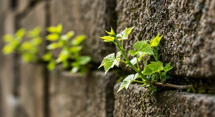Green plants grow on the old, rough-textured stone walls. 