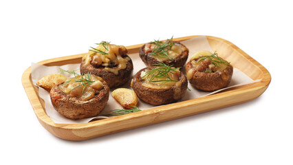 Delicious stuffed mushrooms with melted cheese, garlic and dill isolated on white