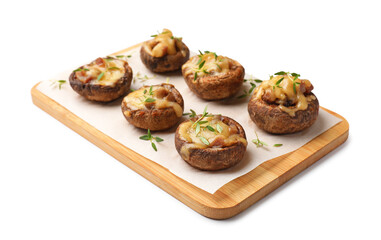 Delicious stuffed mushrooms with melted cheese and thyme isolated on white