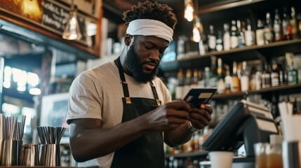 bartender taking payment at the counter, point-of-sale machine, digital ambiance