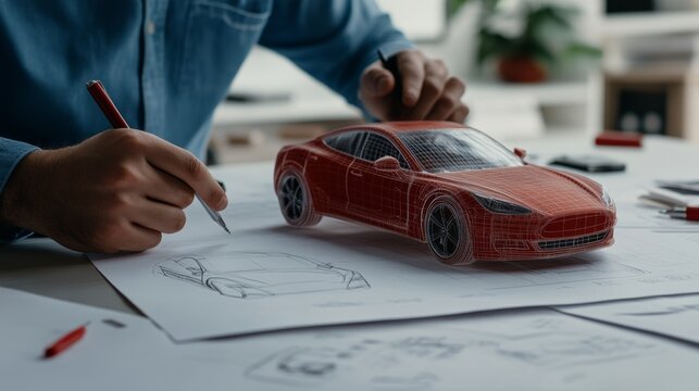 blueprint and technical drawings of new car model on table, automotive engineers pointing and taking notes, clean bright design room